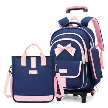 MITOWERMI Rolling Backpack for Girls 3Pcs Elementary School Bag Cute Bowknot Backpack with Wheels Girls Bookbags with Handbag Trolley Bags Kids CarryOn Luggage