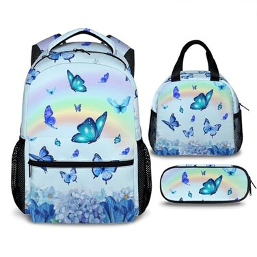 Sharecolor Backpack for Girls Age 68 Butterfly Backpacks Set for School Preschool Elementary 3 Pcs Kids Bookbag with Lunch Bag Pencil Case for Travel