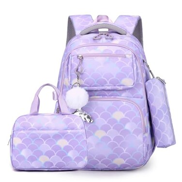 EKUIZAI 3PCS Mermaid Backpack for Girls Fish Scale Print Primary Bookbags set Girls Backpack with Lunch Box