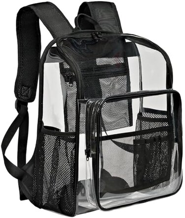 KUI WAN Clear Backpack for School Large Clear Bookbag with MultiPockets PVC Transparent Backpack for Boys Girls Black
