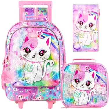 KLFVB Rolling Backpack for Girls Kids Sequins Roller School Bag with Lunch Bag Sequins Wheeled Bookbag for Children Pink Cat