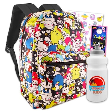 Hello Kitty and Friends Backpack for Girls Bundle with 16 My Melody Kuromi Keroppi Backpack with Front Pocket Plus Stickers Water Bottle More Hello Kitty and Friends Bag for School