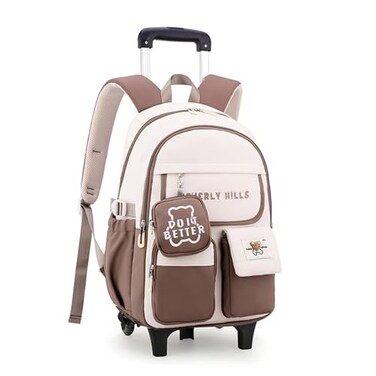 ZHANAO Colorblocking Rolling Backpack for GirlsKawaii School Bag with WheelsTrolley Bookbags for Primary Students