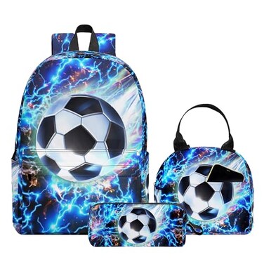Ansteade 3PCS Backpack for Boys Girls Kids Backpack Sets with Lunch Bag Pencil Case Large Capacity 17 Inch Bookpack 3 in 1 Set for Teens Elementary Middle High School Students Soccer