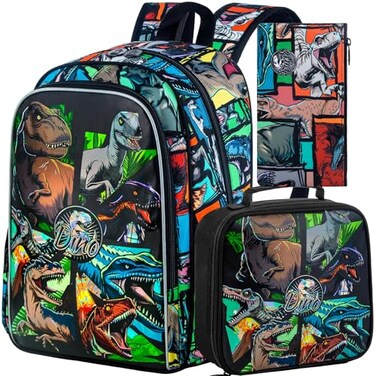 CCJPX 3PCS Dinosaur Backpack for Boys 16 Inch Water Resistant Preschool Bookbags Cool Kindergarten School Backpacks and Lunch Box