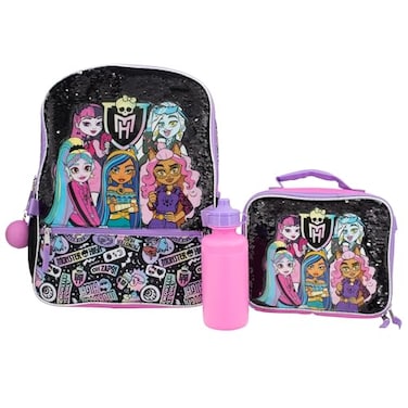 AI ACCESSORY INNOVATIONS Monster High 4 Piece Backpack Set Clawdeen Wolf Cleo DeNile Dracularua Frankie Stein Lagoona Blue Bookbag Flip Sequins 16 School Bag Black Pink