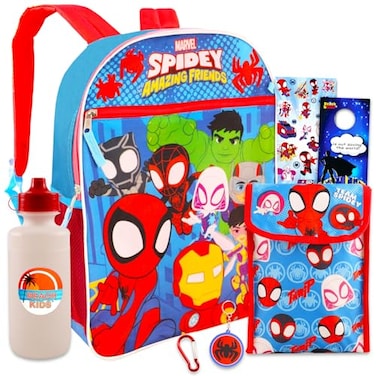 Marvel Spidey and His Amazing Friends Backpack Set Bundle of 16 Spiderman Backpack Spidey Lunch Bag Water Bottle Stickers and More