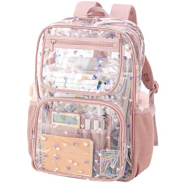 BORMELUN HeavyDuty Clear Backpack for School Durable SeeThrough Bookbag pink