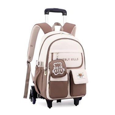 ZHANAO Colorblocking Rolling Backpack for GirlsKawaii School Bag with WheelsTrolley Bookbags for Primary Students