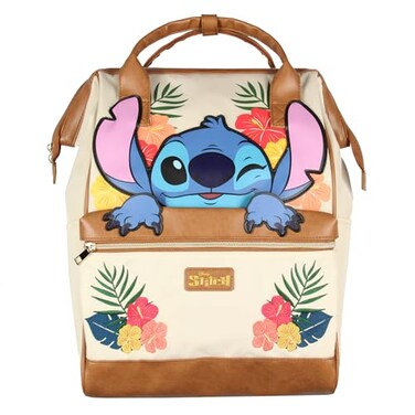 Bioworld Disney Lilo And Stitch Backpack 3D Character Embroidered Floral Design Faux Leather Travel Tote Bag
