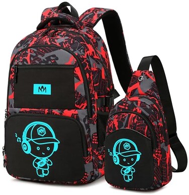 Bluboon Kids Backpack Boys Camo Bookbag Teens Elementary School Bag Daypack Travel Back Pack Middle school Boyred doodle 2pcs