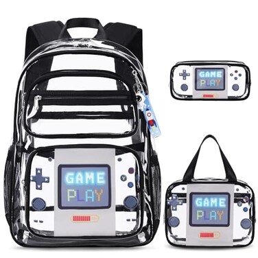ACESAK Clear Backpack for Boys Girls 3 Pcs Clear Heavy Duty with Lunch Bag See Through Backpack Stadium Approved Black Game