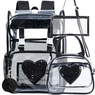 ZLYERT 17 Sequin Clear Backpack for Girls Sparkle Flip Design Stadium Approved 3Pcs Set Heavy Duty PVC Bookbag for ConcertSchool Black