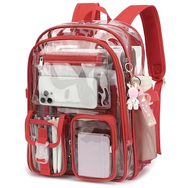 Kouxunt Clear Backpack Heavy Duty Transparent Backpacks Stadium Approved for School Work Sport Travel Red
