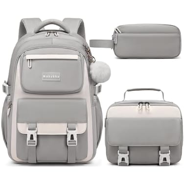 Makukke School Backpack for Girls Book Bag Set School Bag for Teens Girls Kid Children Elementary Middle School Student Waterproof Gray Backpack