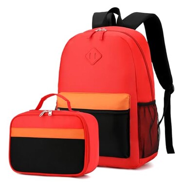 BEFUNIRISE Backpack Set for Girls Boy Kids Backpack with Lunch Box for Elementary Primary Kindergarten School Bag Red Black Set Large