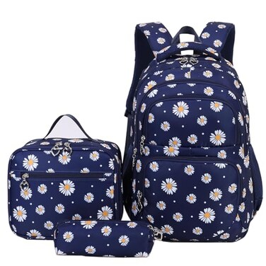 goldwheat Daisy Printed Backpacks With Lunch Pack Pencil Case 3pcs Lightweight Waterproof Bookbag For Middle School
