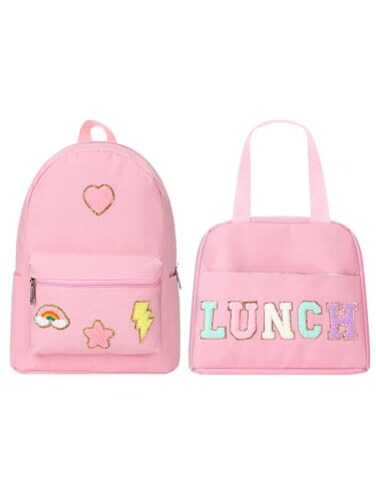 Bulyoou Preppy School Backpack Set for Girls Backpack and Lunch Bag with Chenille Patches Preppy Bookbag Lunch Bag for Back to School GiftPink