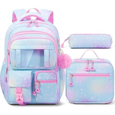 Fimibuke Kids Backpack for School Girls 3Pcs Waterproof Girls Backpack with Lunch Box Pencil Pouch Lightweight Blue Bookbag for Ages 6 Elementary Middle School Teens