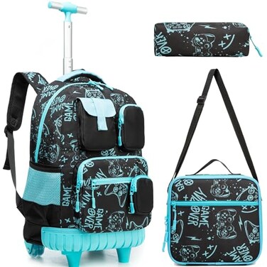 Meetbelify Boys Rolling Backpack with Wheels Kids Travel Luggage with Lunch Box Pencil Case for Elementary Students 18inch Carry on Suitcase for Boys Ages 810