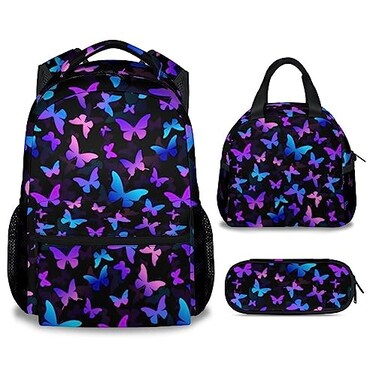 GIHSWE Butterfly Backpack with Lunch Box Set of 3 School Backpacks Matching Combo Cute Lightweight Bookbag and Pencil Case Bundle