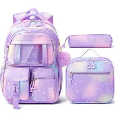Fimibuke Kids Backpack for School Girls 3Pcs Waterproof Girls Backpack with Lunch Box Pencil Pouch Lightweight Bookbag for Elementary Middle School Student Teens Ages 6 Purple