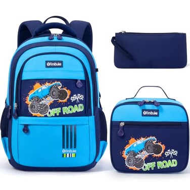 Fimibuke Kids Backpack for School Boys 3 PCS Waterproof Teen Boy Backpack with Lunch Box Pencil Pouch School Bag Bookbag Daypack for Kindergarten Elementary Middle School Age 5Monster Trucks