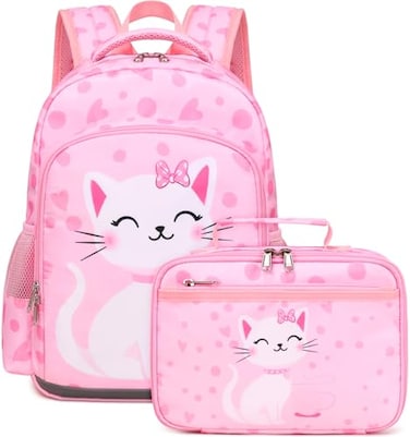 DSIUE Kids School Backpack for Girls 46 Kindergarten Bookbag Cat Schoolbag with Lunch Box Set for Preschool Elementary