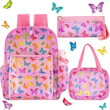 Silkfly 3 Pcs Mesh Backpack Set Heavy Duty Semitransparent Bookbag with Lunch Bag Pencil Case for Travel Beach SportsButterfly Style