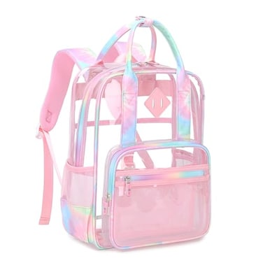 MOONBABY Clear Backpack Stadium Approved Kids Clear Bookbag Heavy Duty PVC Transparent Backpack Girls See Through Back Pack for Women Work Pink
