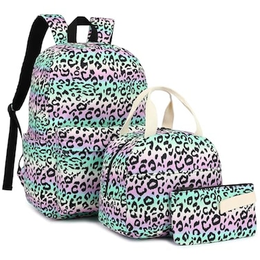 Dezcrab Kids Backpack for Girls Teens School Bags Bookbags Set with Lunch Bag Pencil Case Leopard