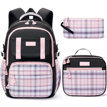 Fimibuke Girls Backpack 3 PCS Waterproof Teens Girls Backpack Set with Lunch Box Pencil Pouch Cute Kids Bookbag for Elementary to High School Students Age 6 Black Pink