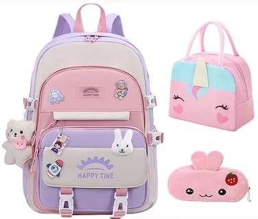 GDEMXOAN 3pcs Girls Backpack Kawaii School Backpack For Kids Children With Lunch Bag and Pencil Case rabbitpurple