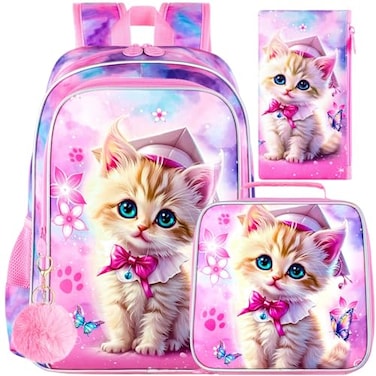gxtvo 3PCS Girls Cat Bookbag 16 Kids Backpackwith Lunch Box Water Resistant School Bag for Elementary Preschool Toddler