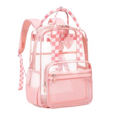 MOONBABY Clear Backpack Stadium Approved Girls Clear Bookbag Heavy Duty PVC Transparent See Through Backpack for Women Work Pink Checkered
