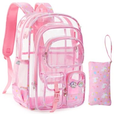 Unineovo Clear Backpack 17 inch Large Clear Bookbag with Cute Pin Accessories Double Layer Heavy Duty See Through Backpack for School College Work Stadium Travel