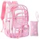 Unineovo Clear Backpack 17 inch Large Clear Bookbag with Cute Pin Accessories Double Layer Heavy Duty See Through Backpack for School College Work Stadium Travel