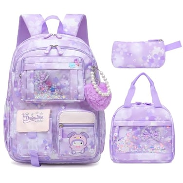 Alrisg Lovely Girls Backpack School Bag for Students Kids Book Bag with Multiple Pockets Splashproof Childrens Backpack17inch Set Purple