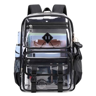 Sisipoet Clear Backpack for School PVC Clear Bookbag Heavy Duty Transparent Backpack for Stadium Events Multiple Pockets See Through Bag for Teens Students Women Men with Leather Pendant Black