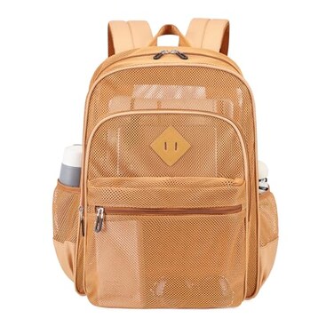 MOONBABY Mesh Backpack Heavy Duty See Through School Backpack Transparent Bookbag for Swimming Beach Sports Work Travel Khaki