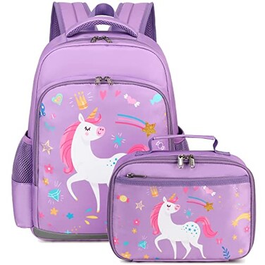 Octsky Backpack for Girls Kids School Backpacks with Lunch Box Preschool Kindergarten BookBag Set With Chest Strap Candy Unicorn Purple