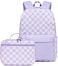 LEDAOU Kids School Backpack with Lunch Box for Girls Kindergarten Elementray BookBag School Bag Preschool Toddler Backpack Purple Checkered