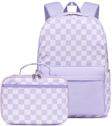 LEDAOU Kids School Backpack with Lunch Box for Girls Kindergarten Elementray BookBag School Bag Preschool Toddler Backpack Purple Checkered