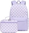 LEDAOU Kids School Backpack with Lunch Box for Girls Kindergarten Elementray BookBag School Bag Preschool Toddler Backpack Purple Checkered
