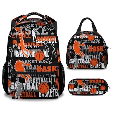 Mercuryelf Basketball Backpack with Lunch Box and Pencil Case Elementary Kindergarten School Prechool Bookbag for Boys Kids Set of 3