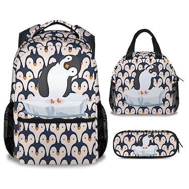 COOPASIA Penguin Backpack with Lunch Box and Pencil Case 16 Inch Penguin Theme Bookbag with Adjustable Straps Durable Lightweight Large Capacity School Backpack for Girls Women