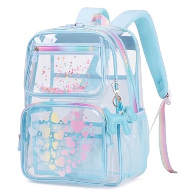 MOONBABY Lovely Clear Backpack for School Girls Heavy Duty TPU Transparent Backpack Stadium Events Approved Clear Bookbag Blue