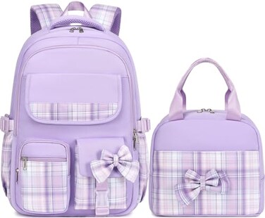 JIANYA Girls Backpack for School Kids Backpack with Lunch Box Elementary School Backpack for Girls BowPurple