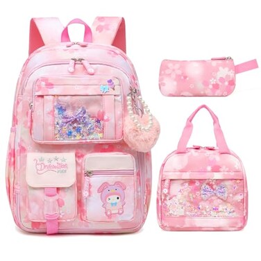 Alrisg Lovely Girls Backpack School Bag for Students Kids Book Bag with Multiple Pockets Splashproof Childrens Backpack17inch Set Pink