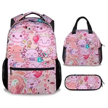 CUNEXTTIME Axolotl Backpack with Lunch Box And Pencil Case Set of 3 Cute Bookbag for Girls Boys Lightweight Large Capacity School Bag with Adjustable Straps